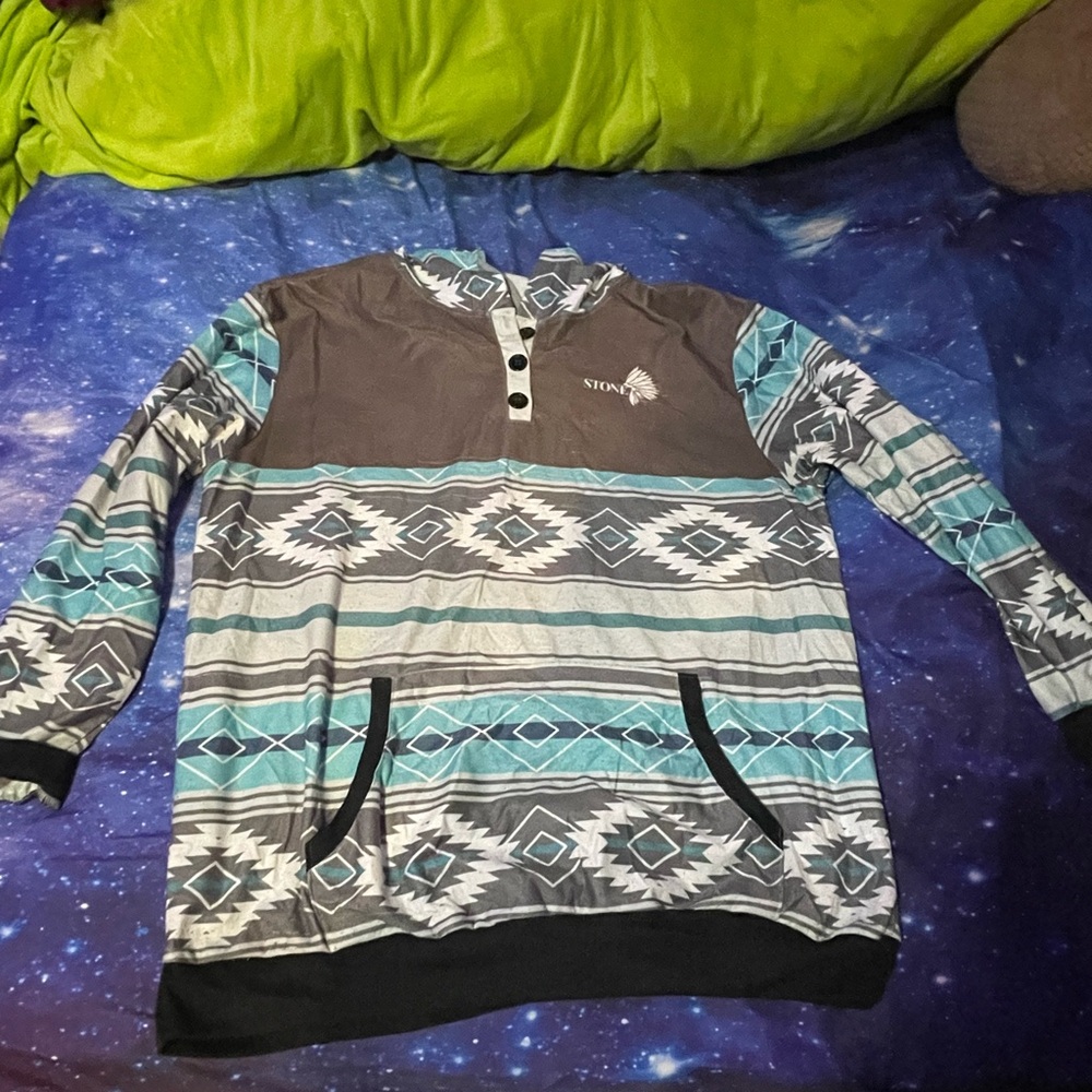 Men’s Stone blue, grey, and white Aztec lightweight Hoodie- Size Large🔥